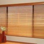 timber venetian blinds in a room